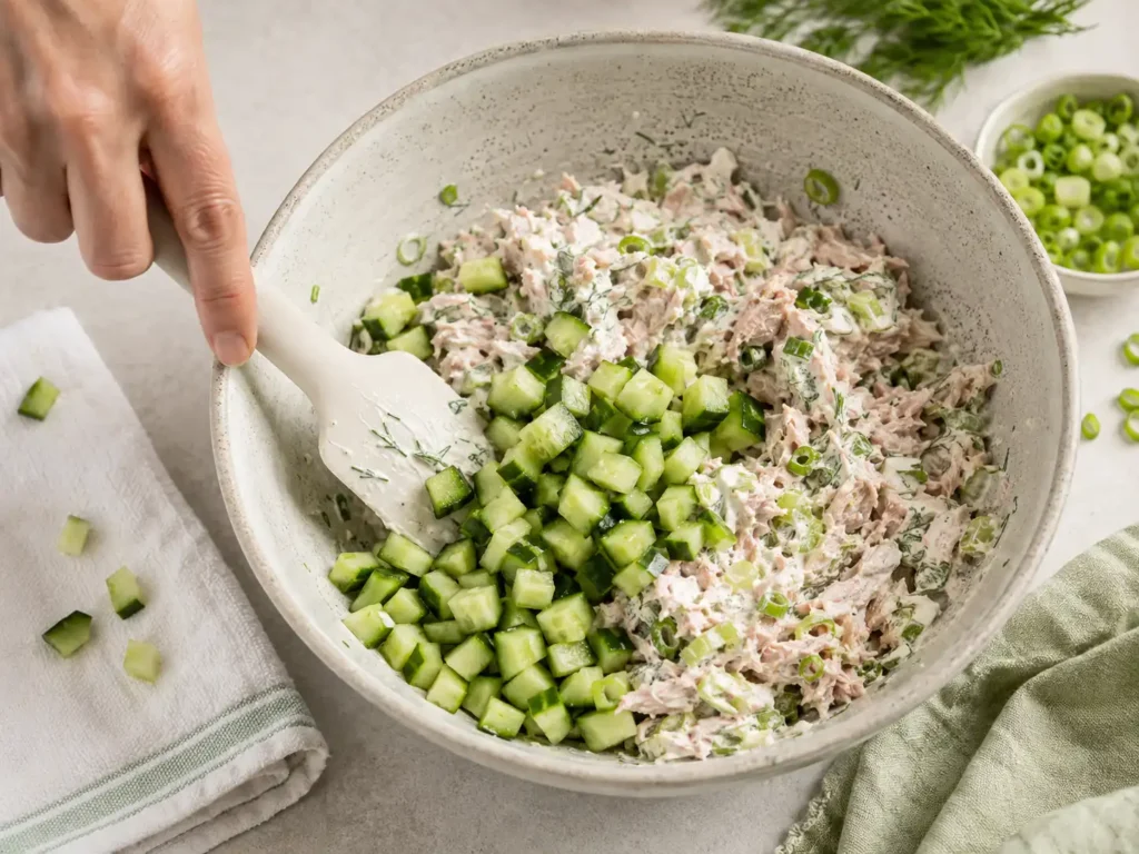 Folding dried cucumber into Greek yogurt tuna salad