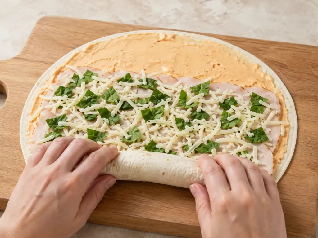 Hands rolling a tortilla layered with pizza cream cheese, deli turkey, mozzarella, and spinach