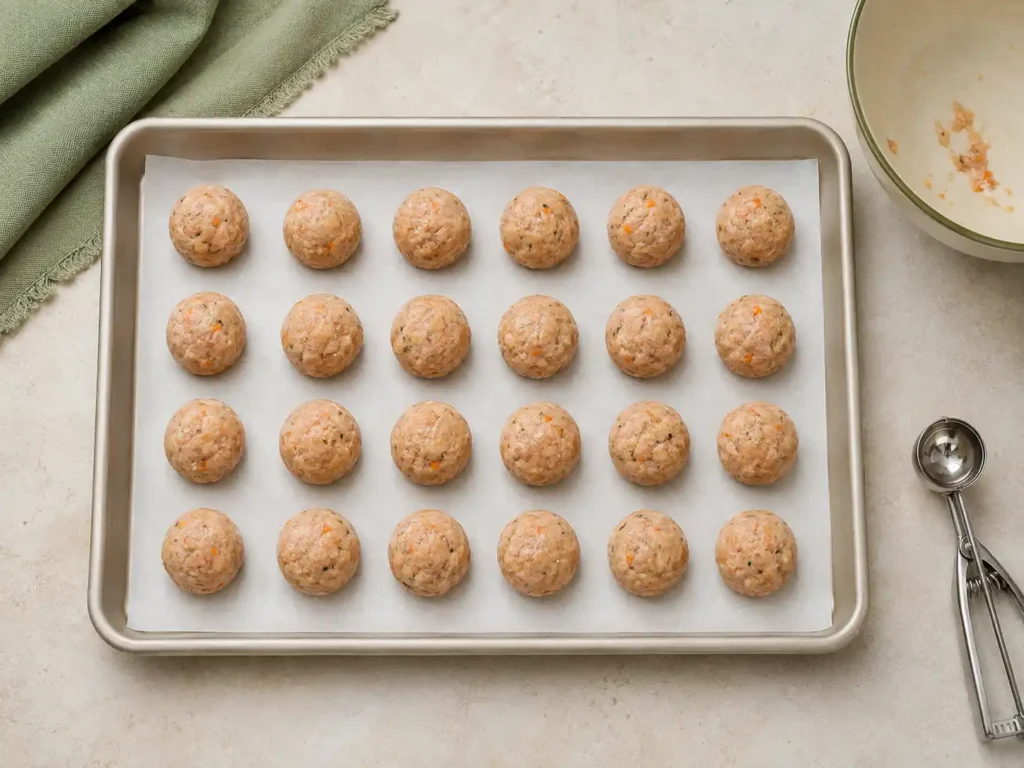 Twenty-four evenly sized raw mini chicken meatballs arranged on a lined baking sheet