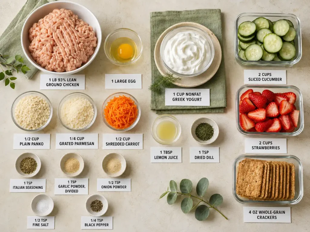 Labeled ingredients for mini chicken meatball bento boxes with Greek yogurt dip, fruit, vegetables, and crackers