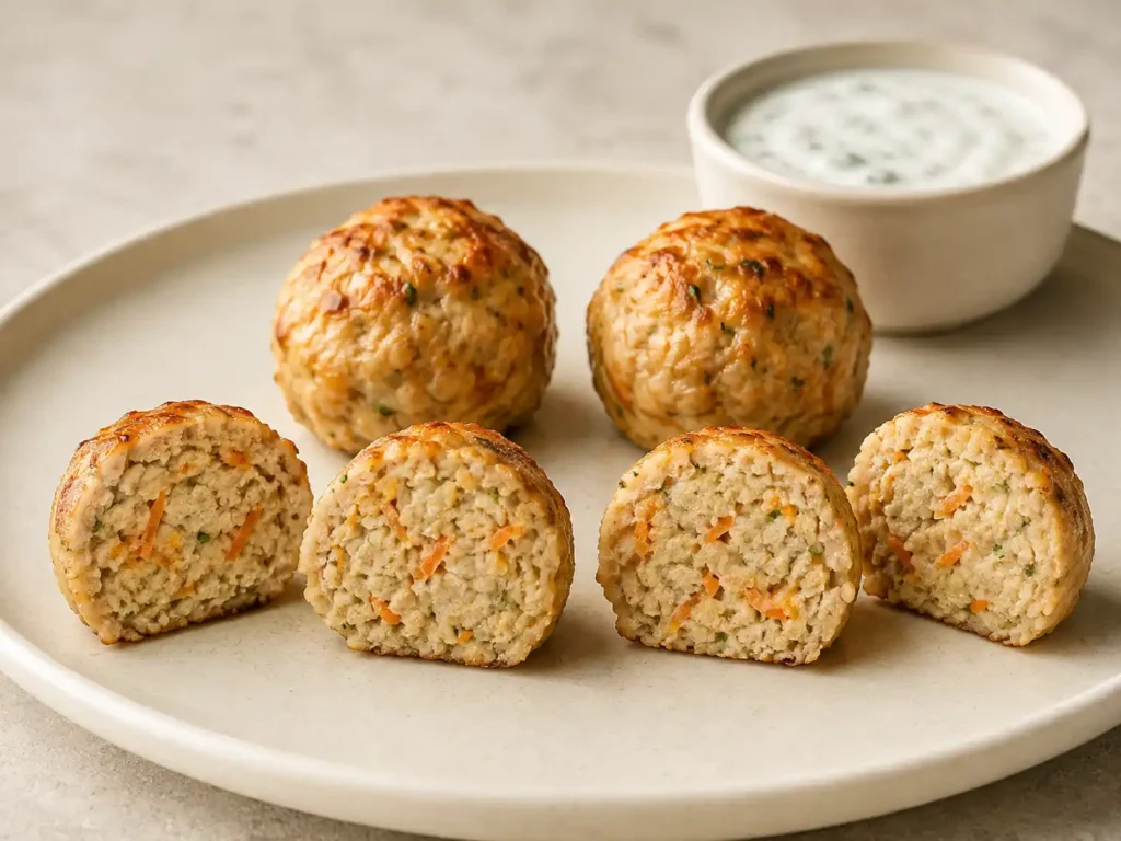 Close-up of baked mini chicken meatballs showing a moist interior with carrot and seasoning