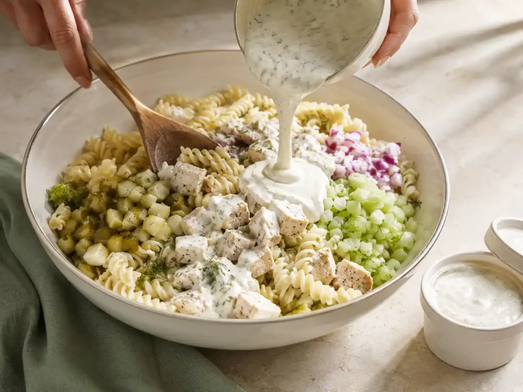 Greek yogurt dressing folded into dill pickle pasta salad with chicken, rotini, celery, red onion, and fresh dill