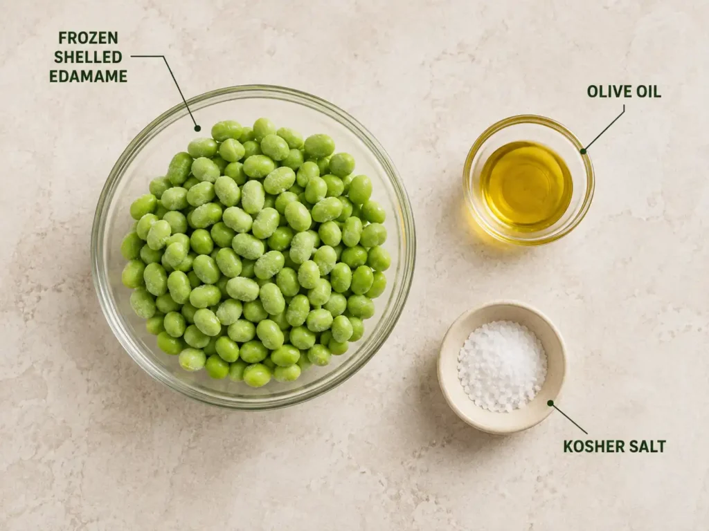 Frozen shelled edamame, olive oil and kosher salt labeled for roasted edamame