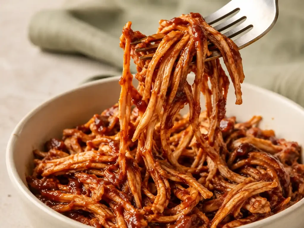 Close-up of saucy shredded BBQ chicken with moist strands and a thick glaze