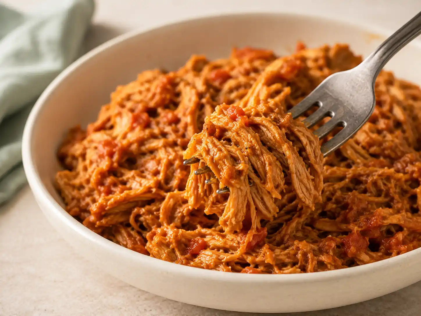 Close-up of moist shredded Crockpot taco chicken coated with chunky salsa sauce