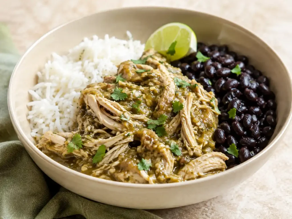Slow cooker chicken tomatillo bowl with black beans and white rice