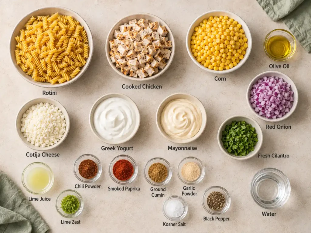 Labeled ingredients for Street Corn Pasta Salad with chicken and Greek yogurt dressing