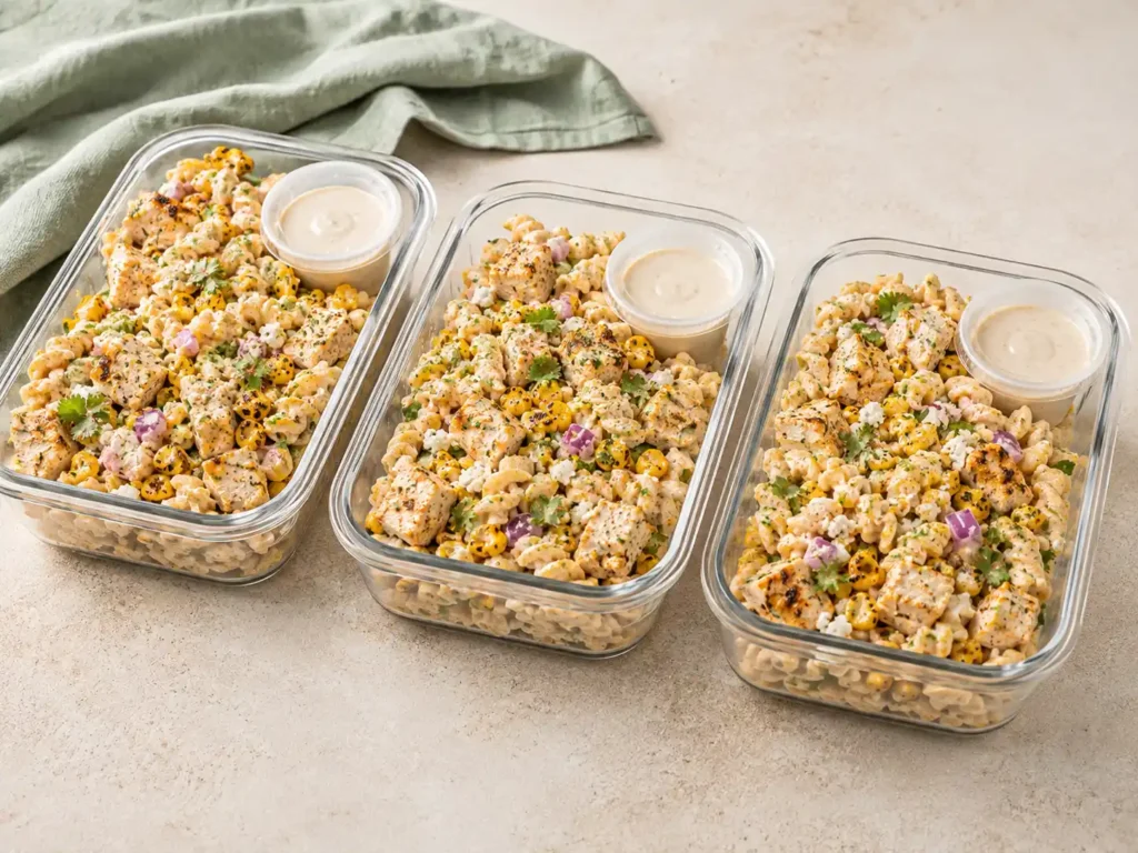 Street Corn Pasta Salad meal prep containers with reserved dressing