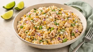 Street Corn Pasta Salad with chicken, charred corn, cotija, lime, and Greek yogurt dressing