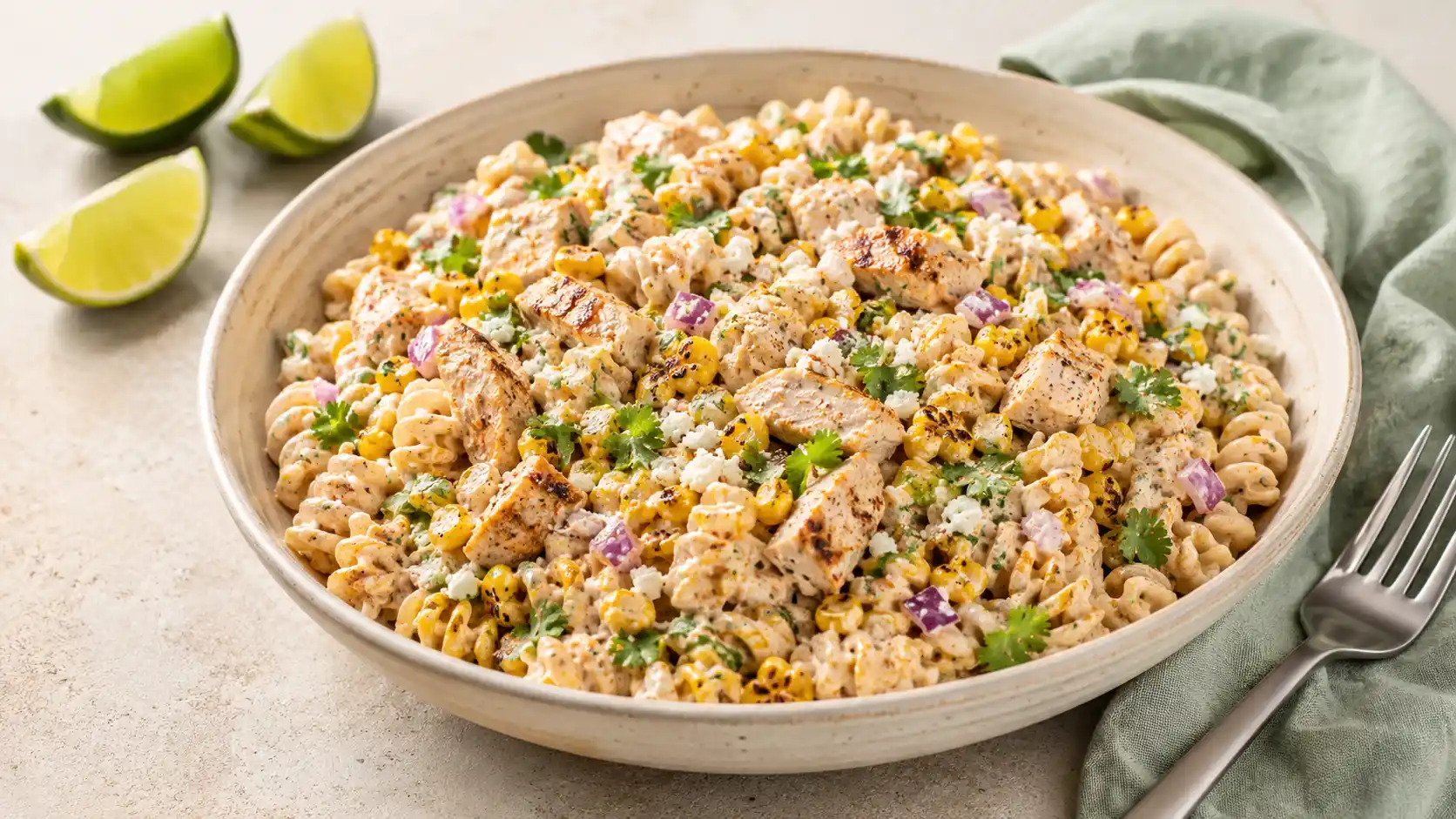 Street Corn Pasta Salad with chicken, charred corn, cotija, lime, and Greek yogurt dressing
