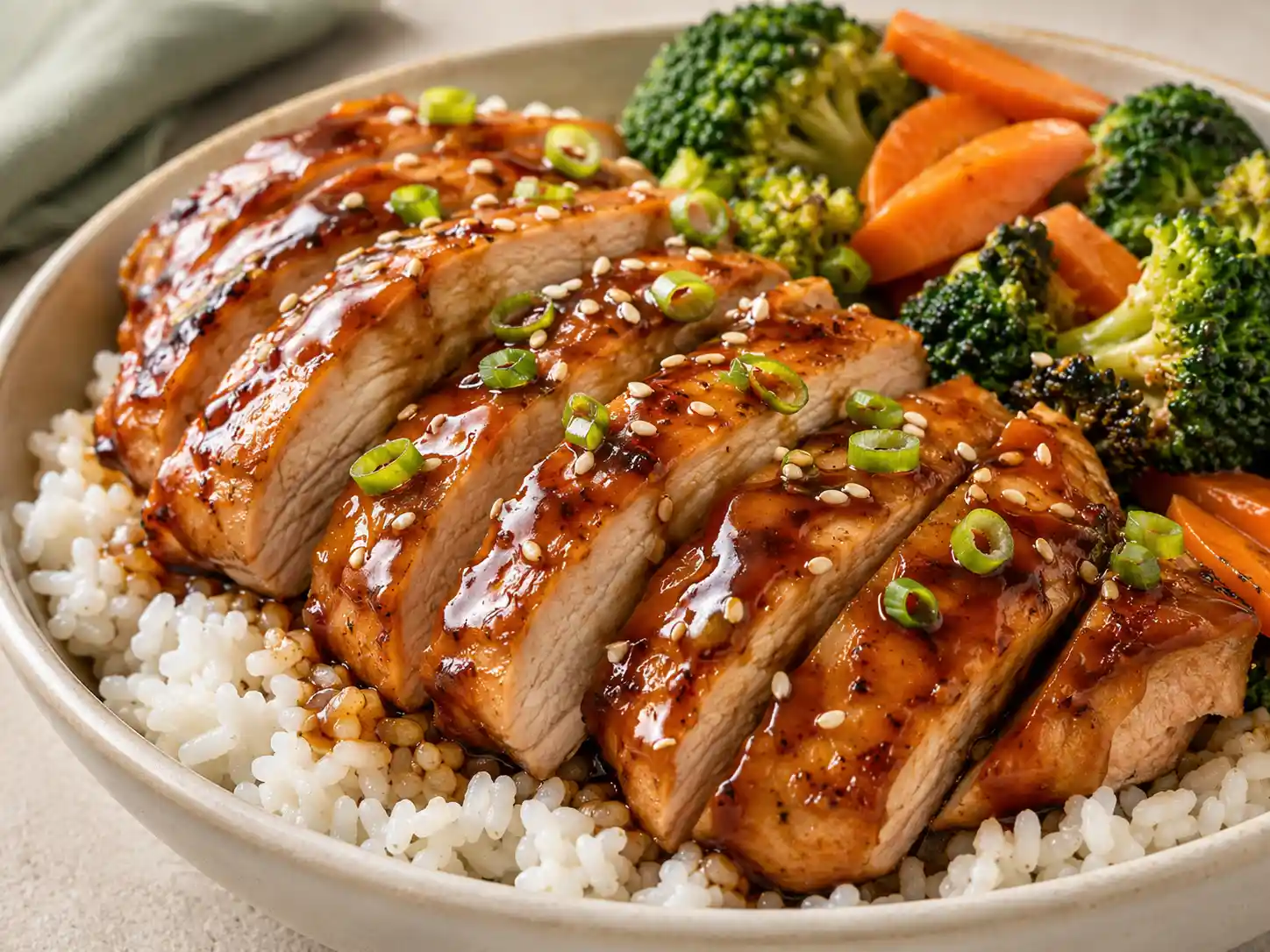 Close-up of sliced teriyaki chicken breast with glossy sauce over rice and broccoli
