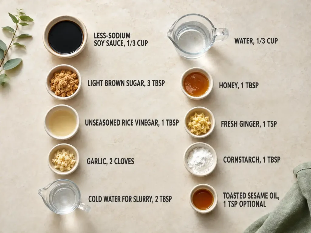 Labeled ingredients for teriyaki sauce, including soy sauce, brown sugar, honey, vinegar, garlic, ginger, cornstarch, and water.