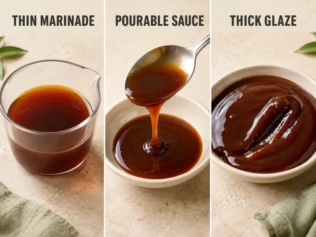 Three teriyaki sauce consistencies shown as thin marinade, pourable sauce, and thick glaze.