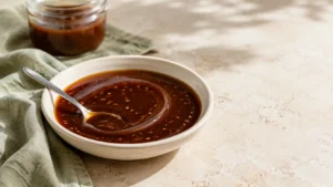 Glossy teriyaki sauce without mirin or sake in a cream ceramic bowl.
