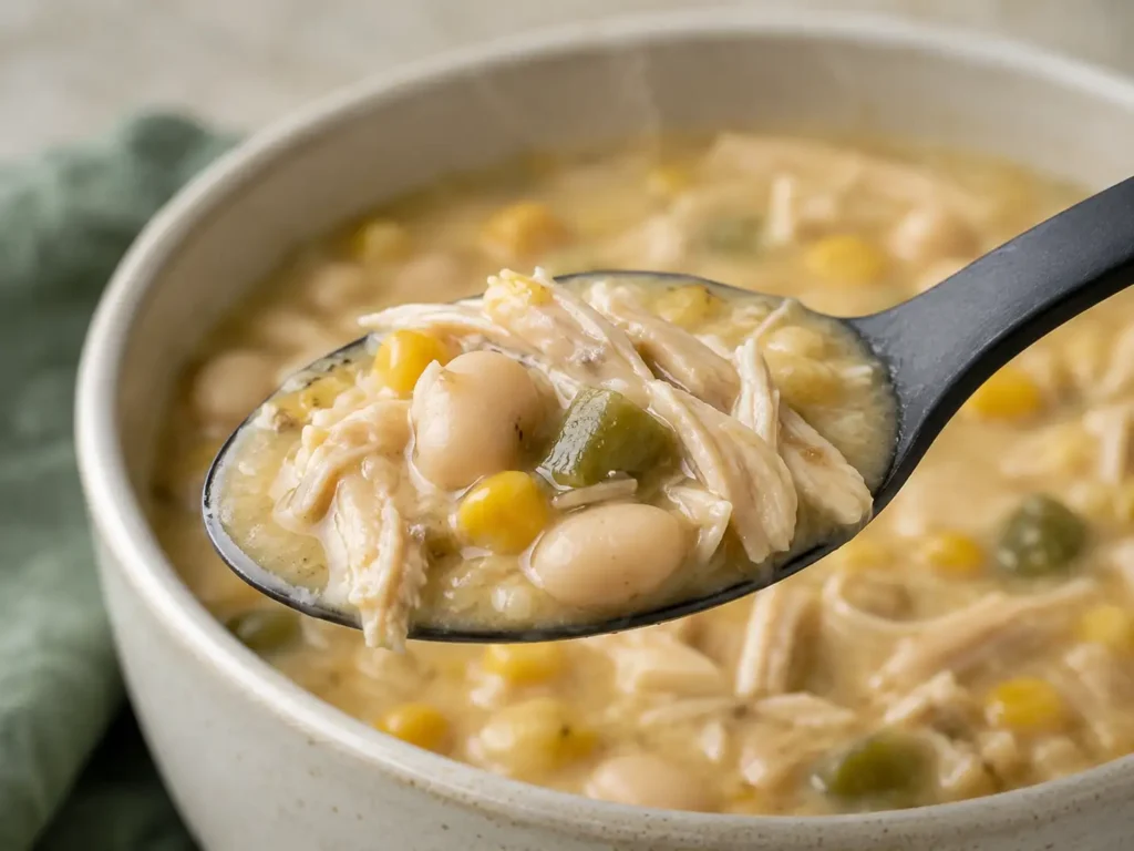 Close-up of thick white chicken chili with shredded chicken, beans, corn, and green chiles