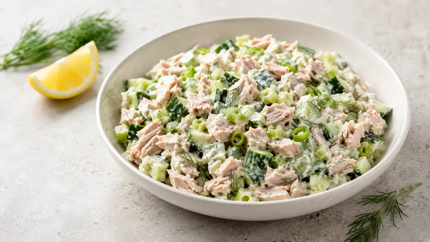 Tuna cucumber salad with Greek yogurt, celery, green onion, and fresh dill