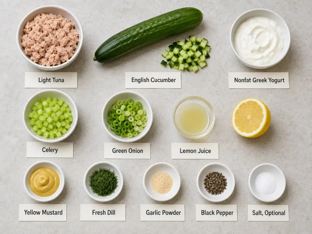 Labeled ingredients for tuna cucumber salad with Greek yogurt