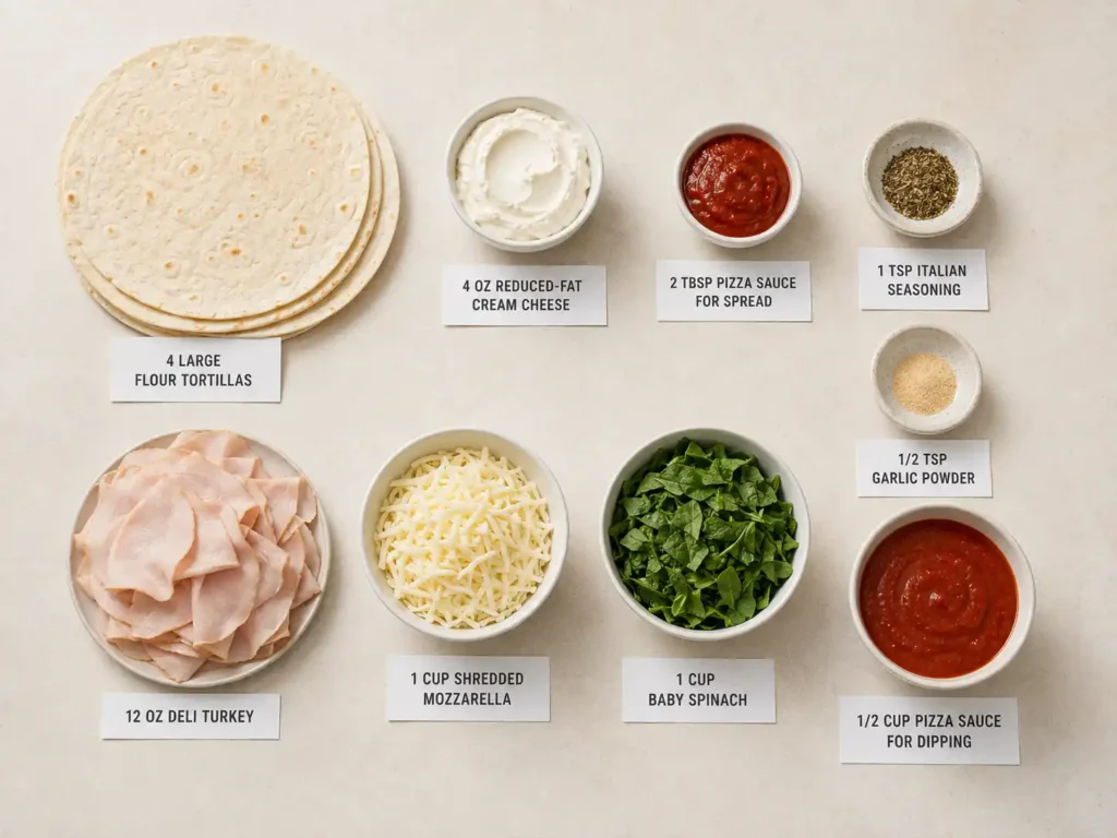 Labeled turkey pizza pinwheel ingredients including tortillas, cream cheese, pizza sauce, seasonings, turkey, mozzarella, and spinach