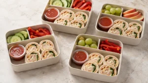 Four meal prep lunch boxes filled with sliced turkey pizza pinwheels, vegetables, fruit, and pizza sauce cups
