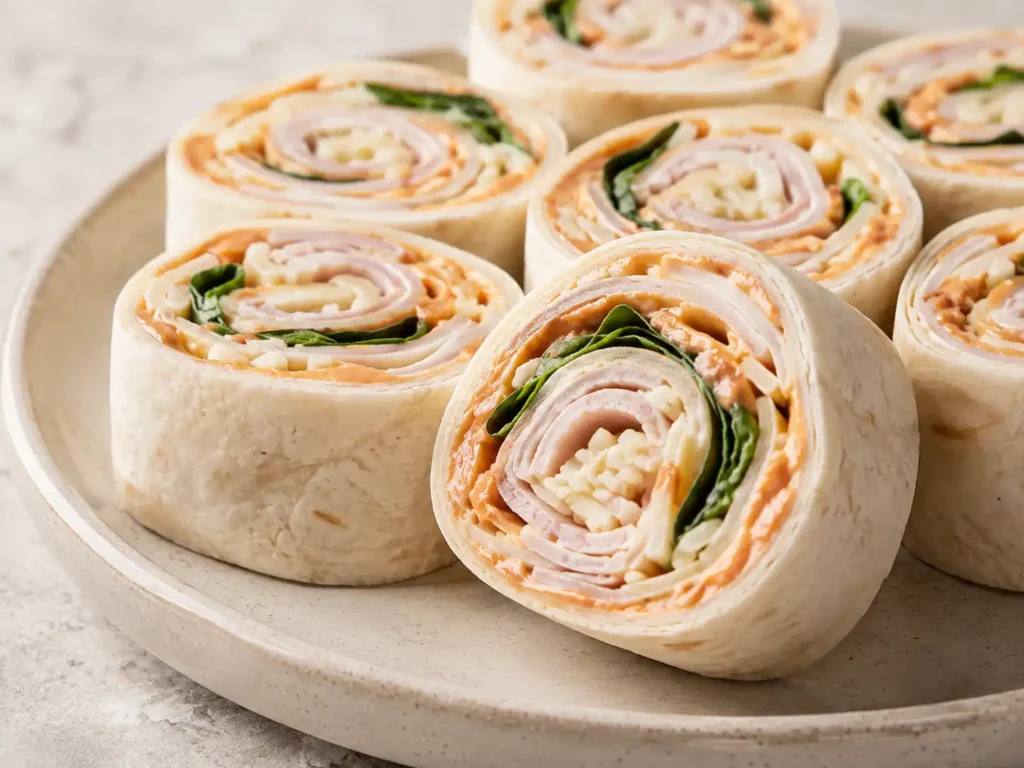Close-up of cold turkey pizza pinwheels showing tortilla, turkey, mozzarella, spinach, and creamy pizza spread