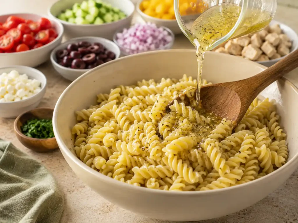 warm-pasta-greek-dressing-process