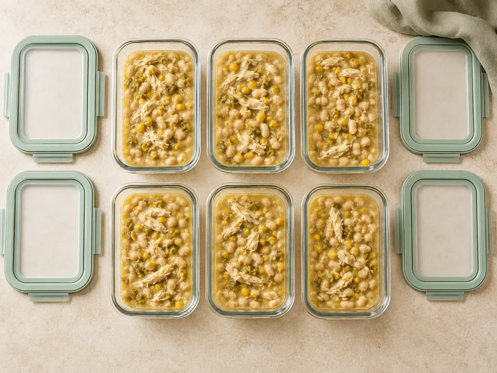 Six shallow meal-prep containers filled with white chicken chili